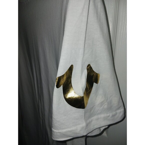 True Religion T Shirt Men's Tee Extra Large XL White with Gold Logo Crew Neck * - Picture 3 of 9